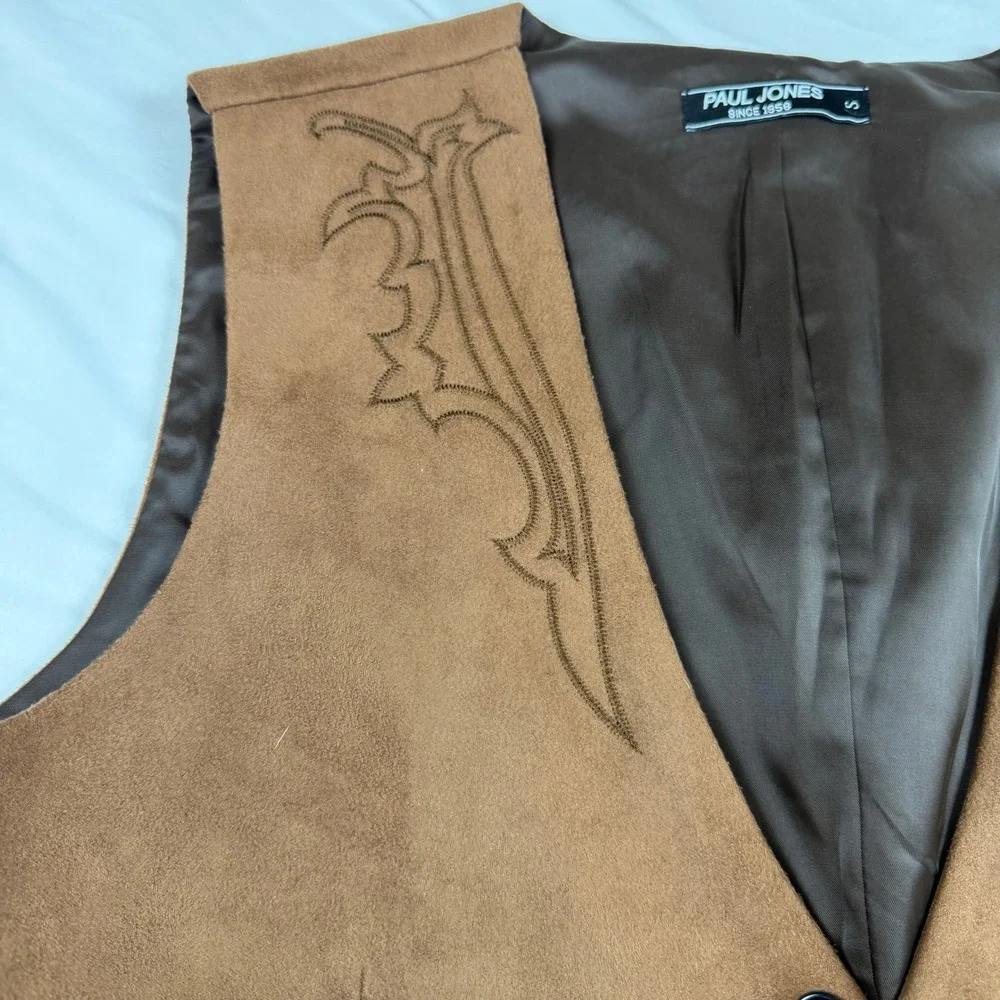 Paul Jones Mens Brown Faux Suede Western Vest Embroidered Cowboy Waistcoat Small